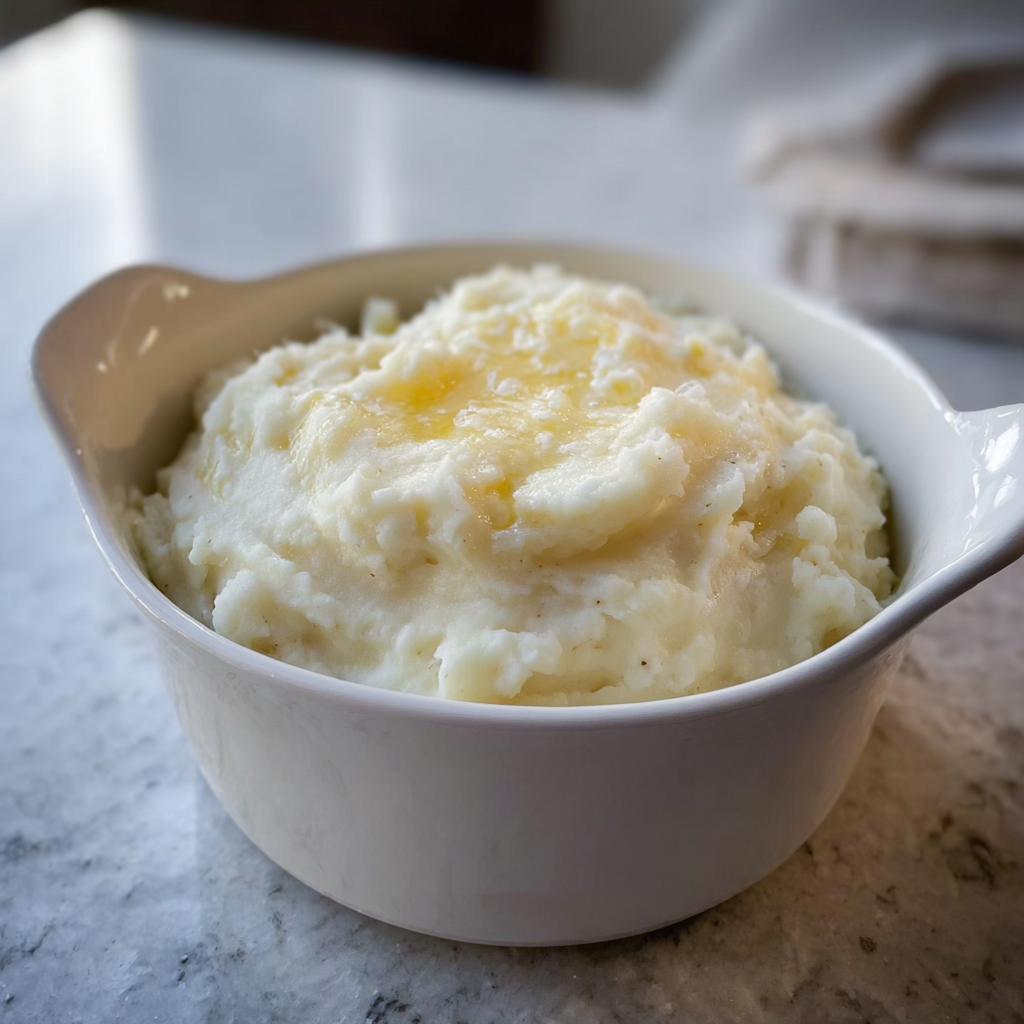 A close-up of a white bowl filled with creamy mashed potatoes, topped with melted butter. Perfect for mashed potatoes recipes meal prep.