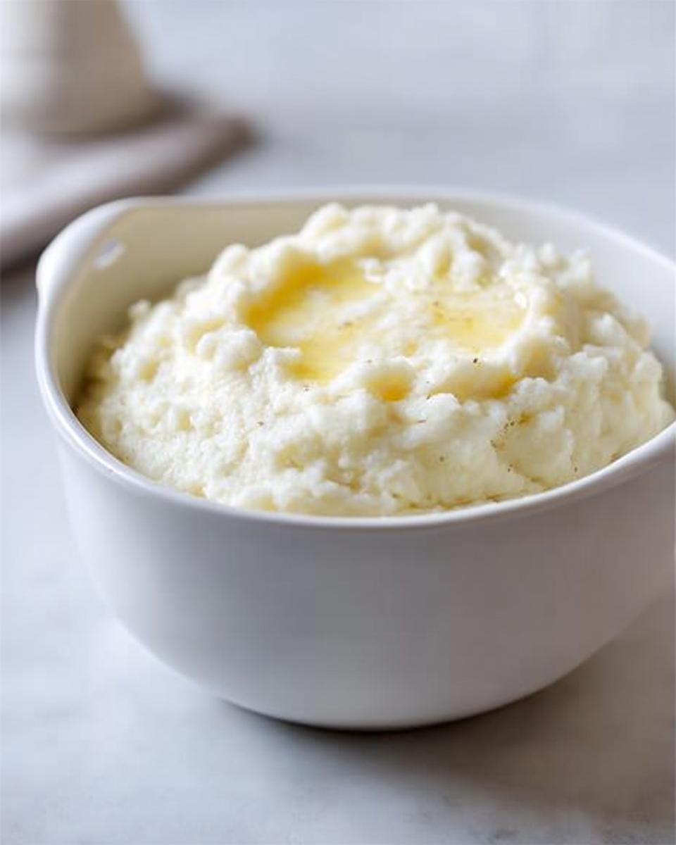 A white bowl filled with creamy mashed potatoes, topped with melted butter. Perfect for meal prep.