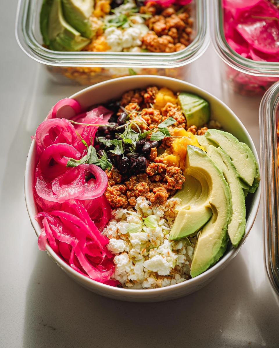 A vibrant bowl of rice, seasoned ground meat, black beans, avocado, crumbled cheese, and bright pink pickled onions.