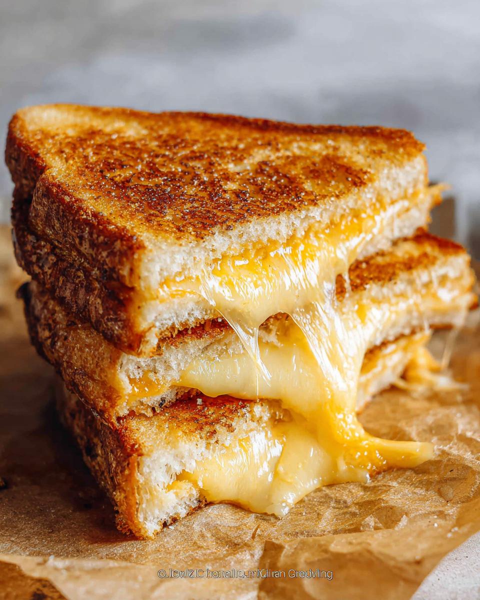 A close-up of a perfectly golden-brown grilled cheese sandwich, with gooey melted cheese oozing out.
