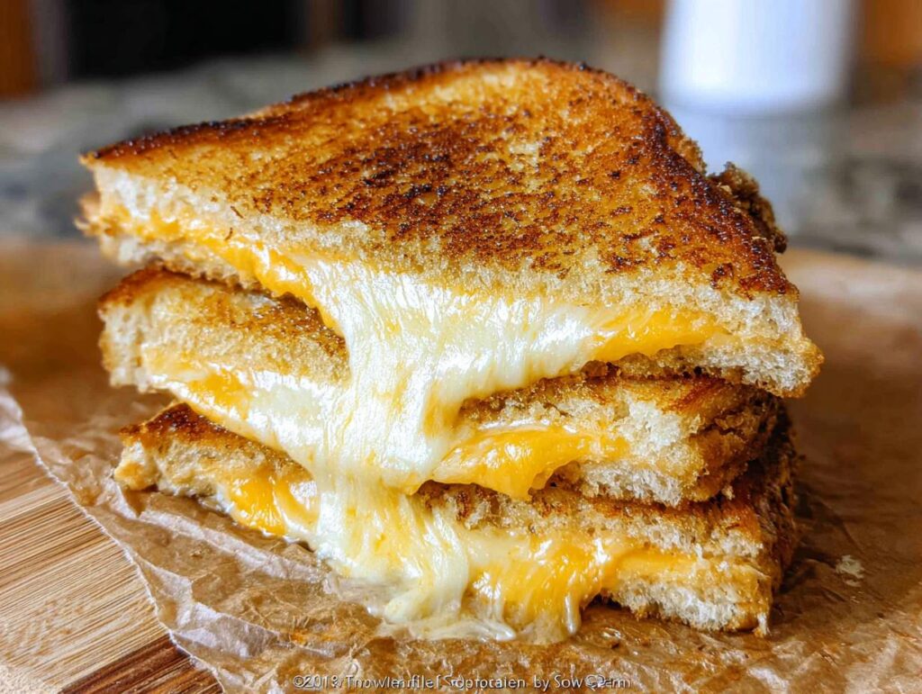 A stack of three perfectly grilled cheese sandwiches with gooey, melted cheese oozing out.