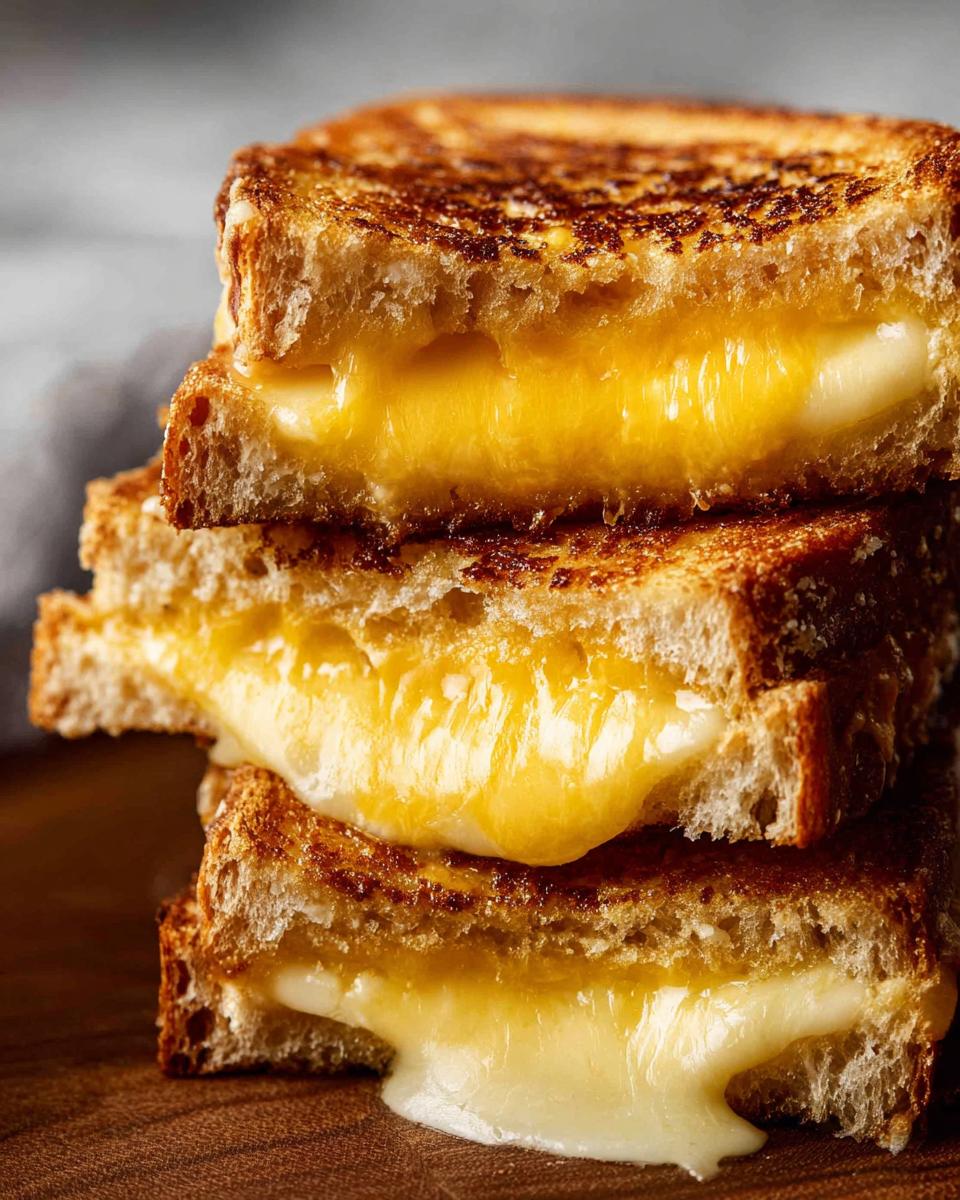 A stack of three golden-brown grilled cheese sandwiches with gooey, melted cheese oozing out.