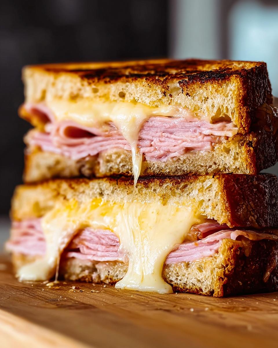 Close-up of a stacked ham and cheese sandwich with melted cheese dripping down the sides.