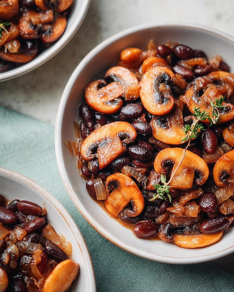 Close-up of a bowl filled with a savory mushroom and bean veggie sides recipe, garnished with fresh thyme.