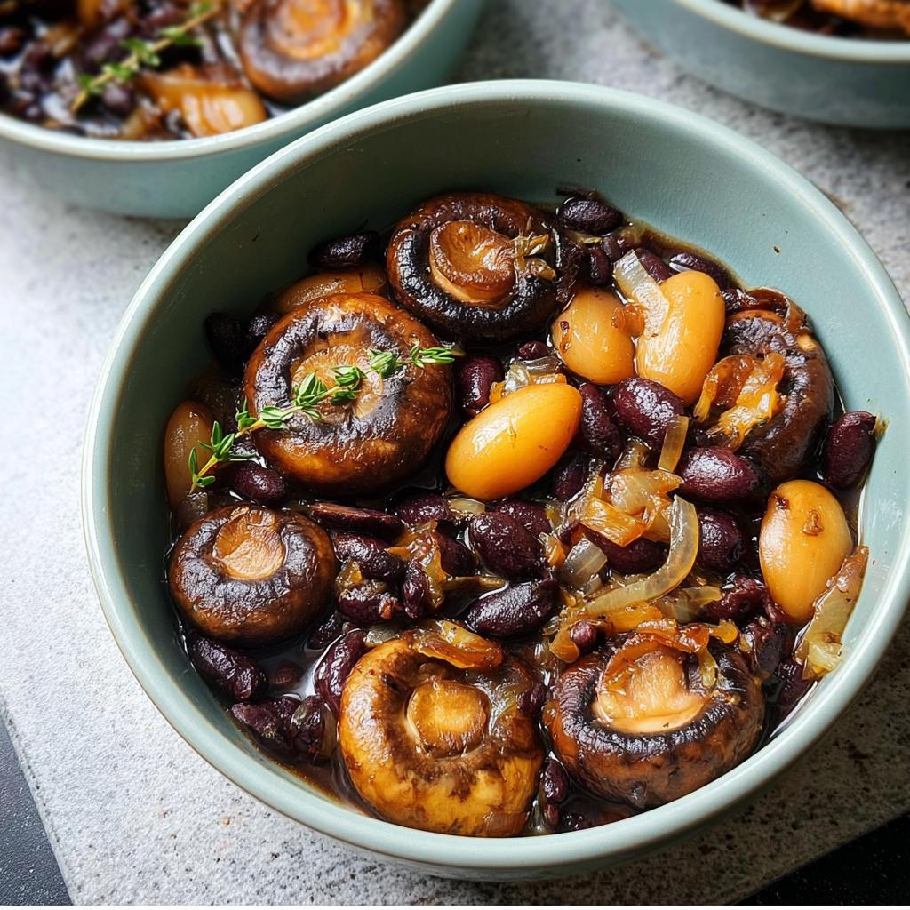 Close-up of a bowl filled with braised mushrooms, kidney beans, and onions, garnished with thyme. A delicious veggie sides recipe.