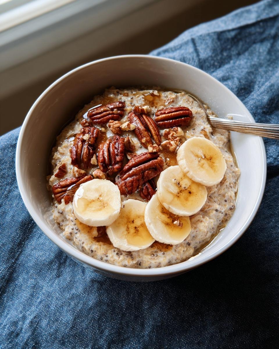 A bowl of oatmeal topped with sliced bananas, pecans, and drizzled with honey, perfect for one of our breakfast ideas.
