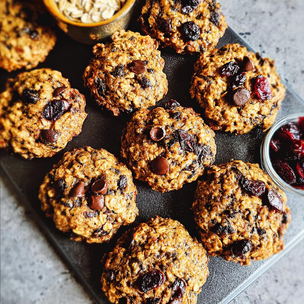 Close-up of delicious oatmeal cookies with chocolate chips and dried cranberries, perfect for quick breakfast ideas recipes.