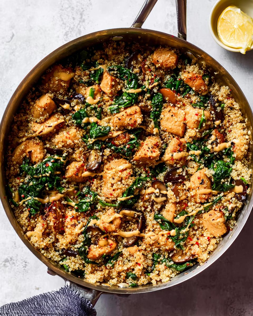 A delicious one-pan chicken and quinoa dish with spinach and mushrooms, drizzled with a creamy sauce.