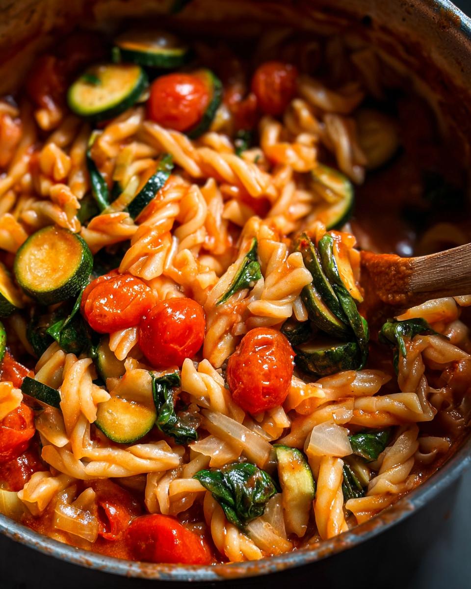 Close-up of a one-pot pasta dish with fusilli, cherry tomatoes, zucchini slices, and spinach in a tomato sauce.