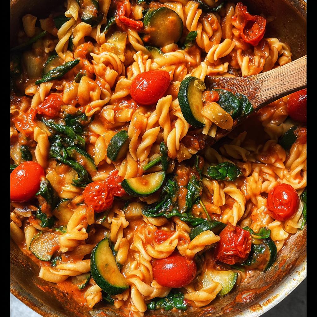 Close-up of a one-pot pasta dish with fusilli, zucchini, cherry tomatoes, and spinach, perfect for easy dinner recipes.
