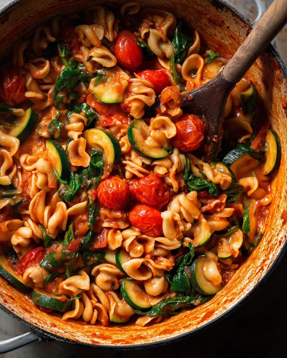 A close-up of a one-pot pasta dish with fusilli, cherry tomatoes, zucchini slices, and spinach in a tomato sauce.