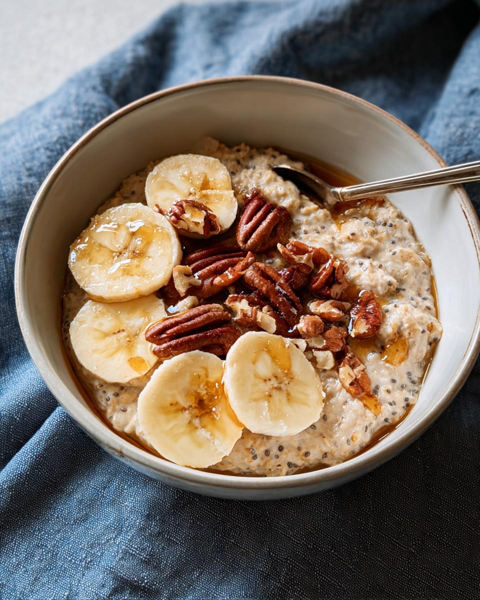 Bowl of overnight oats topped with banana slices, chopped pecans, and a drizzle of honey, part of 12 Genius Breakfast Ideas Recipes.