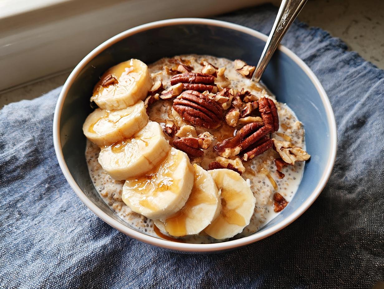 Overnight oats topped with sliced bananas, chopped pecans, and a drizzle of honey, perfect for busy weeknights.