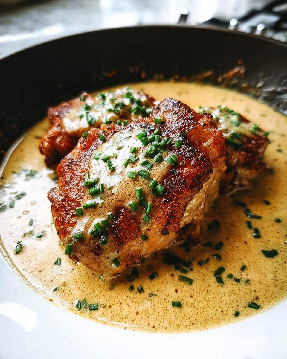Close-up of pan-seared chicken thighs in a creamy sauce, garnished with fresh chives. A perfect beginner chicken thigh recipe.
