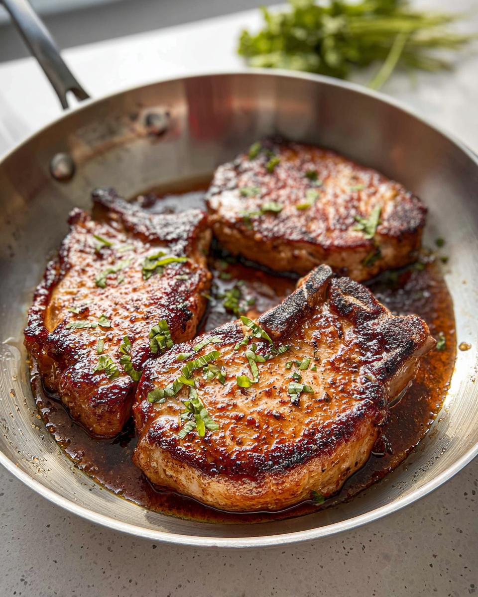 Three pan-seared pork chops in a skillet with a rich sauce, garnished with fresh herbs. Perfect for pork chops recipes meal prep.