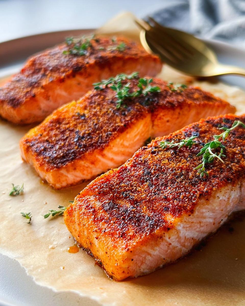 Three perfectly pan-seared salmon fillets seasoned with spices and fresh thyme, a delicious salmon recipe.