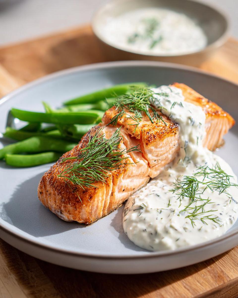 A perfectly cooked salmon fillet with crispy skin, served with green beans and a creamy dill sauce. This is one of our favorite salmon recipes.