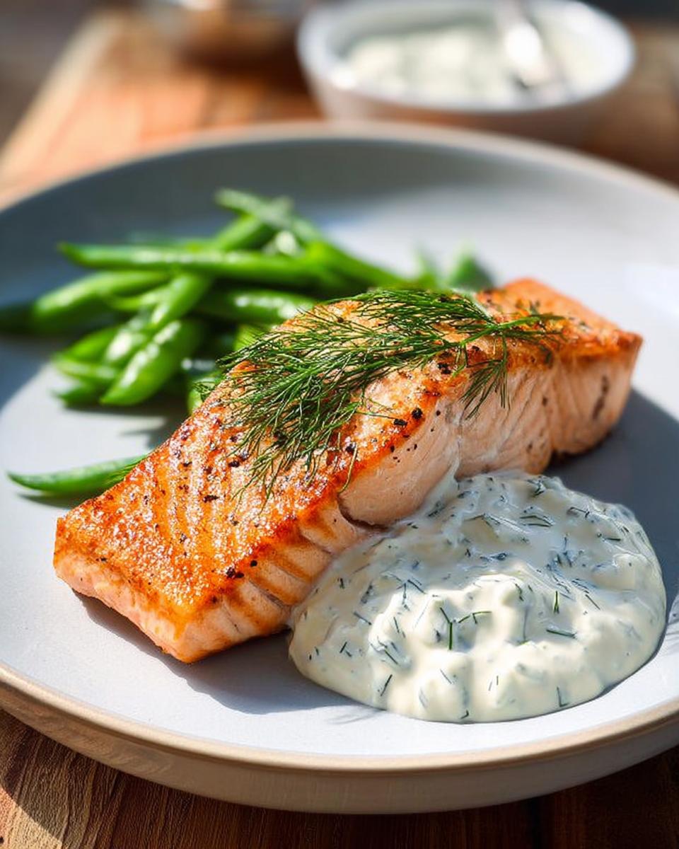 A perfectly cooked salmon fillet served with green beans and a creamy dill sauce, a delicious salmon recipe.