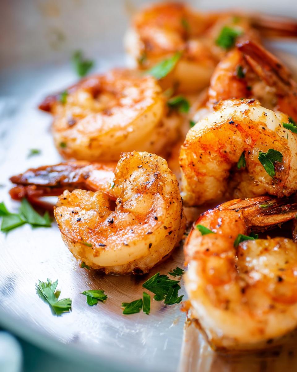 Close-up of perfectly pan-seared shrimp, seasoned and garnished with parsley, part of The Ultimate Shrimp Recipes Guide for Beginners.