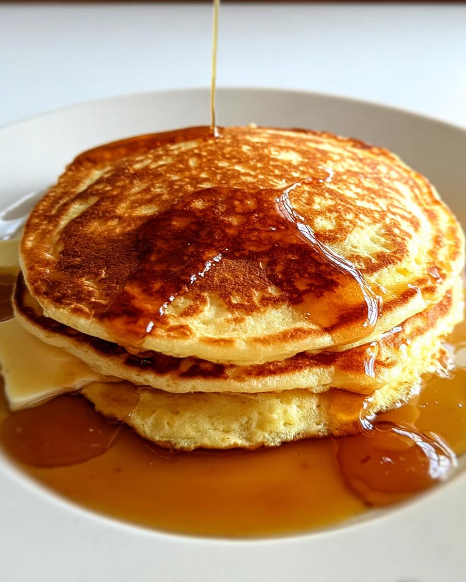 A stack of fluffy pancakes drizzled with golden syrup, a perfect breakfast idea.