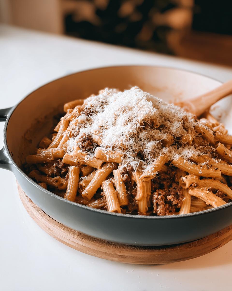 A close-up of rigatoni pasta with a rich meat sauce, generously topped with grated Parmesan cheese, perfect for busy weeknights.