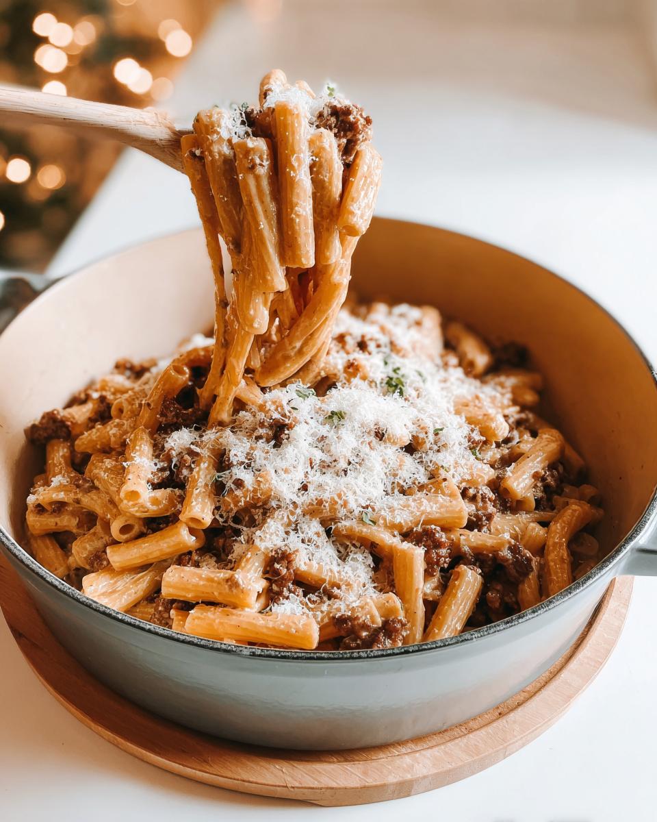 A wooden spoon lifts a generous portion of rigatoni pasta with meat sauce and grated parmesan cheese from a pot.