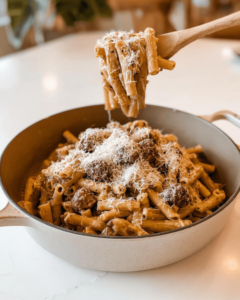 A wooden spoon lifts a portion of pasta with meatballs and grated cheese from a pot, showcasing one of 20 Genius Pasta Recipes.