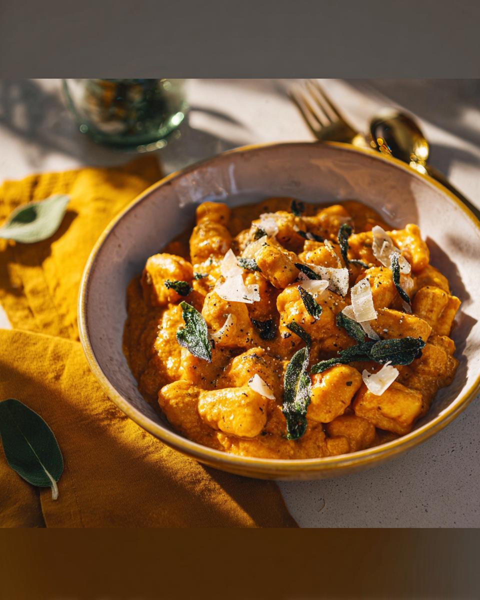 A bowl of gnocchi in a creamy orange sauce, topped with fried sage leaves and shaved parmesan. A perfect pasta recipe.