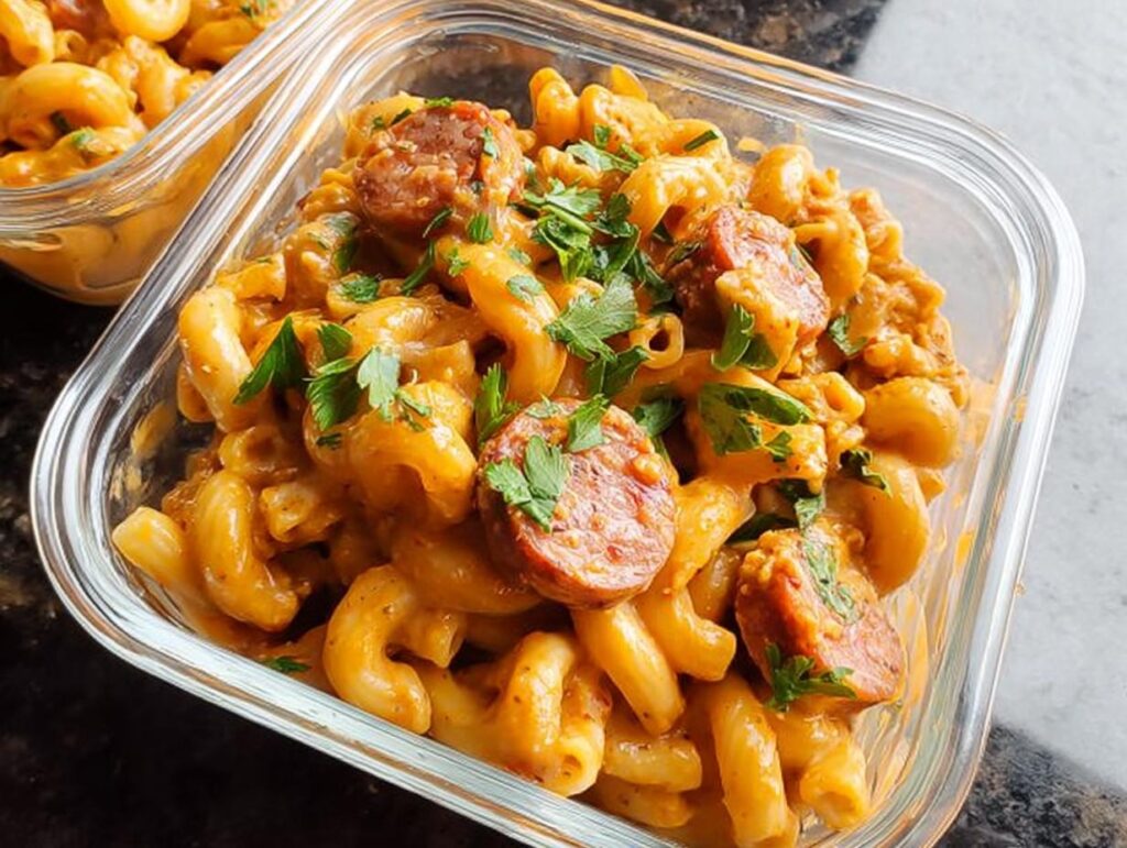 Close-up of pasta recipes meal prep in a glass container, featuring cavatappi pasta with creamy sauce and sliced sausage, garnished with parsley.