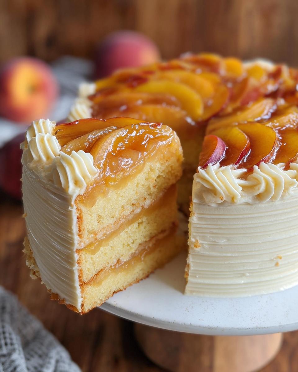 A slice of a three-layer peach cake with white frosting and glazed peach slices on top.