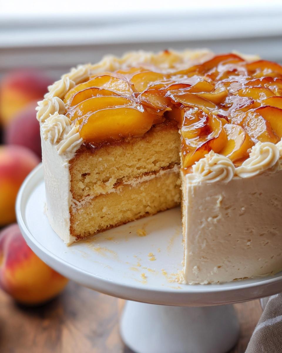 A slice of delicious peach cake with creamy frosting and fresh peach slices on top, part of cake ideas recipes for beginners.