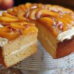 A delicious peach cake with whipped cream frosting, a slice removed to show the layers, from The Ultimate Cake Ideas Recipes Guide.