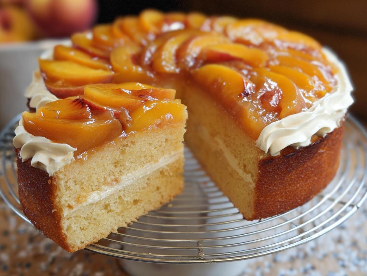A delicious peach cake with whipped cream frosting, a slice removed to show the layers, from The Ultimate Cake Ideas Recipes Guide.