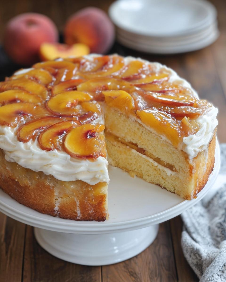 A slice of delicious peach cake with whipped cream frosting and glazed peach slices on top.