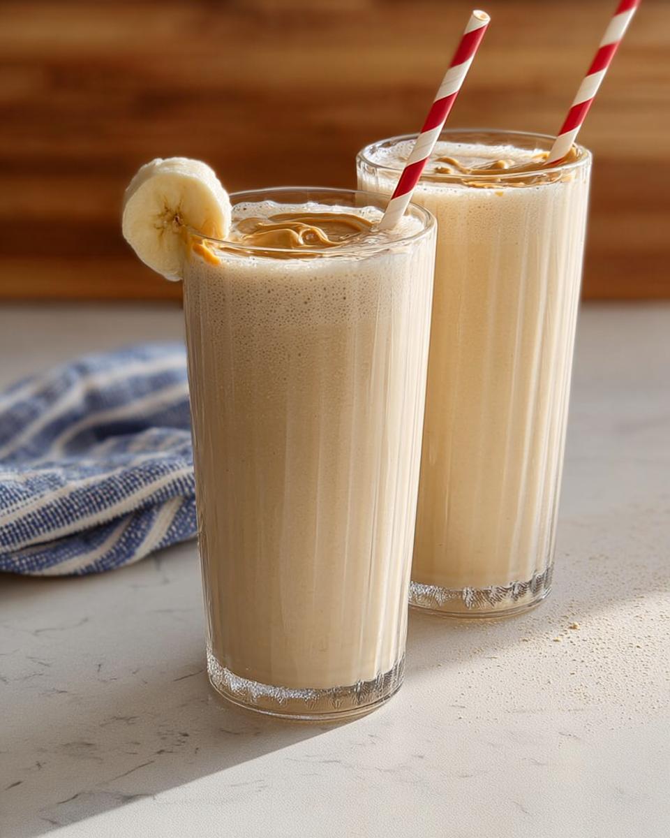 Two tall glasses of peanut butter banana smoothie, topped with peanut butter and a banana slice, part of The Ultimate Breakfast Ideas Recipes Guide for Beginners.