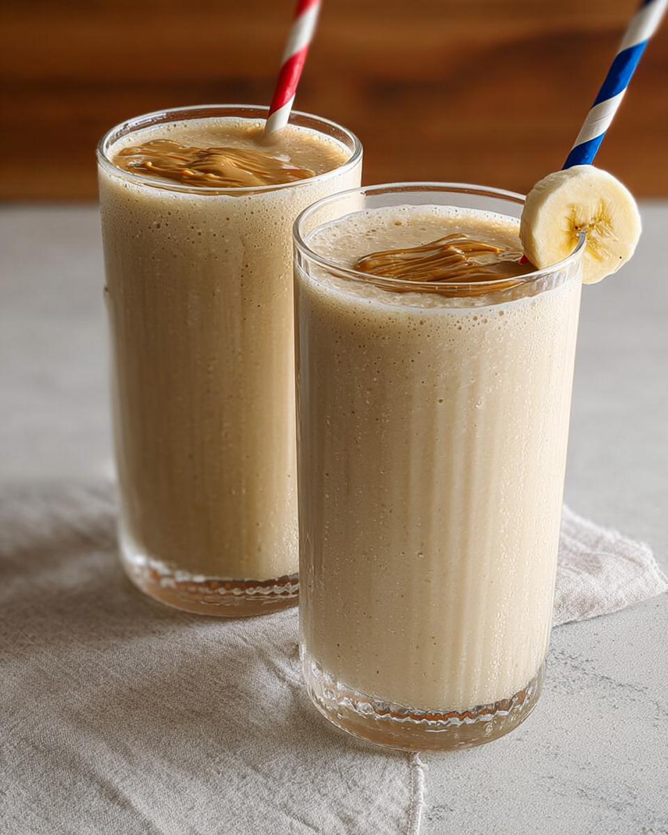 Two tall glasses of peanut butter banana smoothie, topped with peanut butter swirls and striped straws. One has a banana slice garnish.