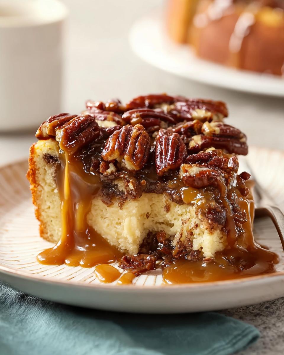 A slice of moist cake topped with pecans and drizzled with caramel sauce, one of 15 genius cake ideas recipes.