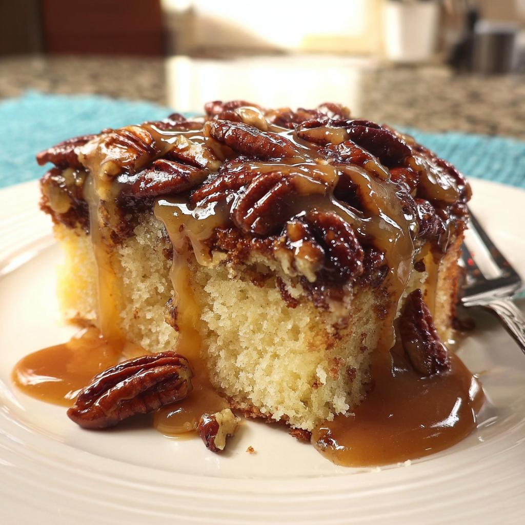 A slice of moist cake topped with pecans and drizzled with caramel sauce, part of 15 Genius Cake Ideas Recipes for Busy Weeknights.