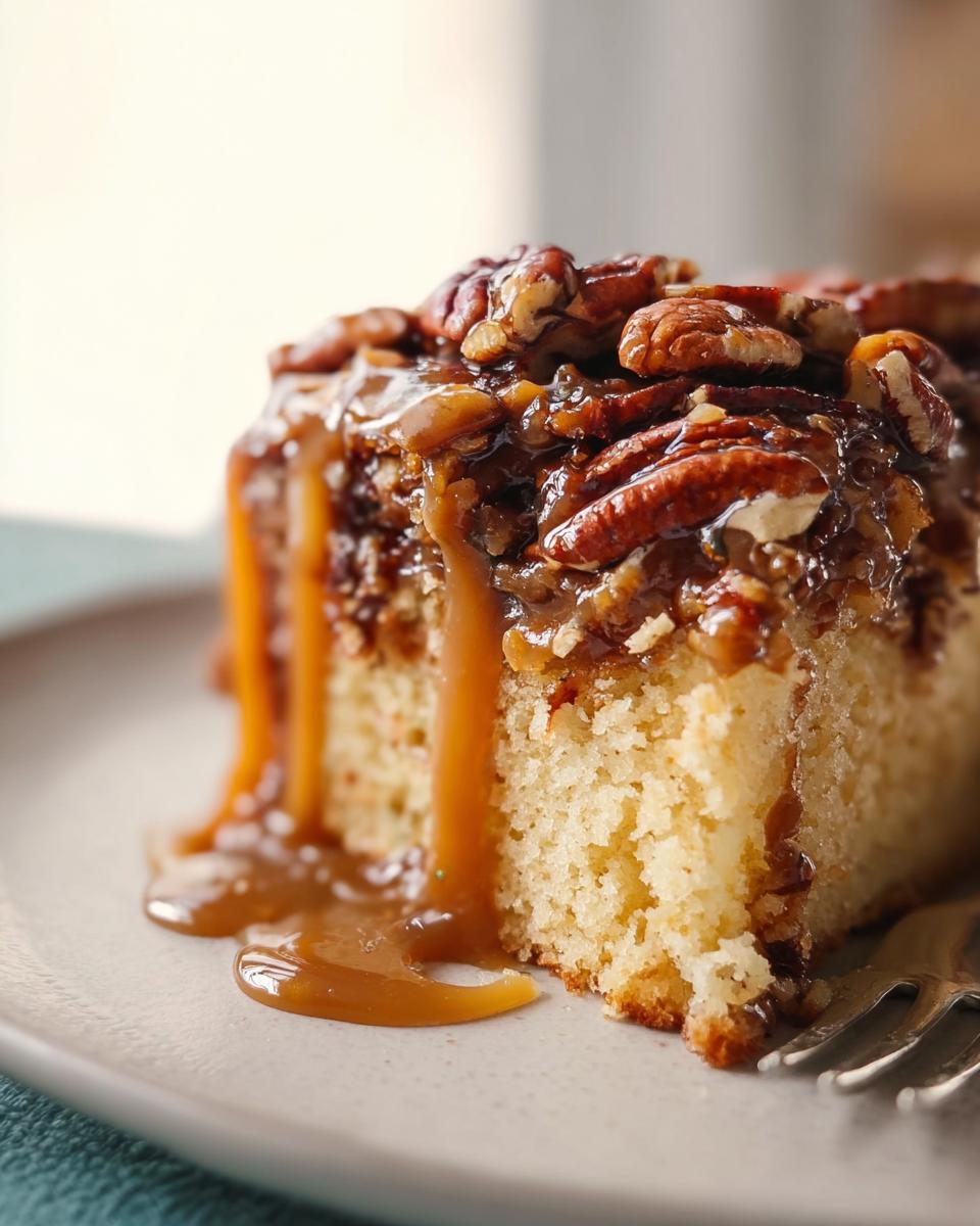 A slice of moist cake topped with pecans and drizzled with caramel sauce, a perfect cake idea for busy weeknights.
