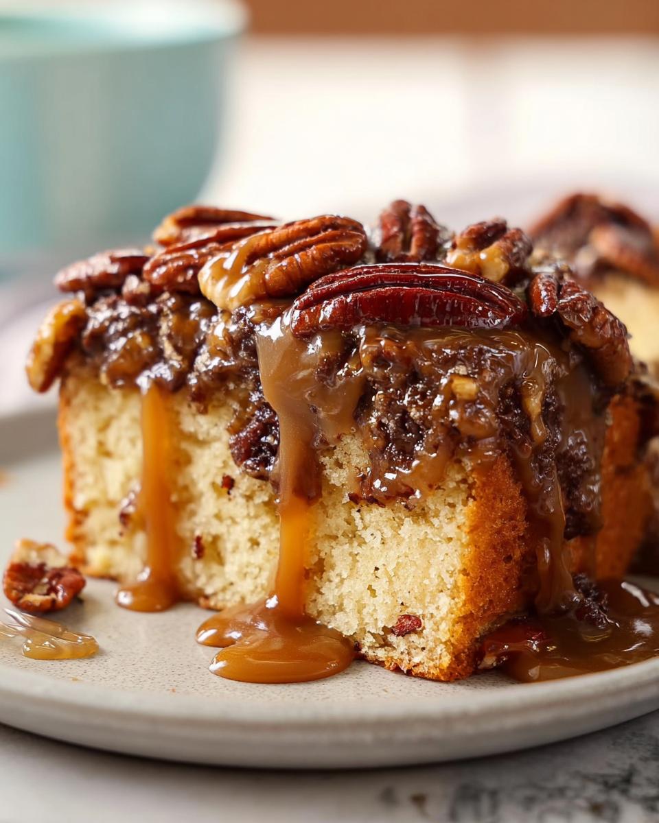 A slice of pecan caramel cake, generously drizzled with caramel sauce and topped with whole pecans.