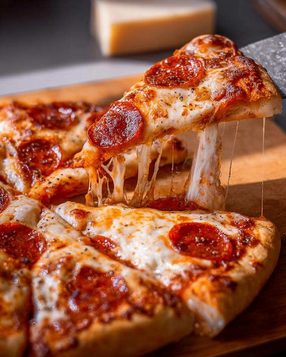 A slice of pepperoni pizza being lifted, showing a long, stretchy cheese pull. Part of a pizza night recipe.