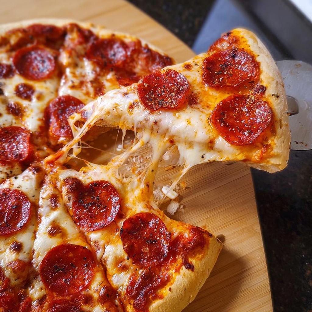 A slice of pepperoni pizza being lifted, showing gooey melted cheese strings, part of a pizza night recipe.