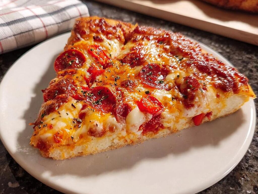 A delicious slice of pepperoni pizza, perfect for Pizza Night Recipes Meal Prep, with melted cheese and crispy pepperoni.