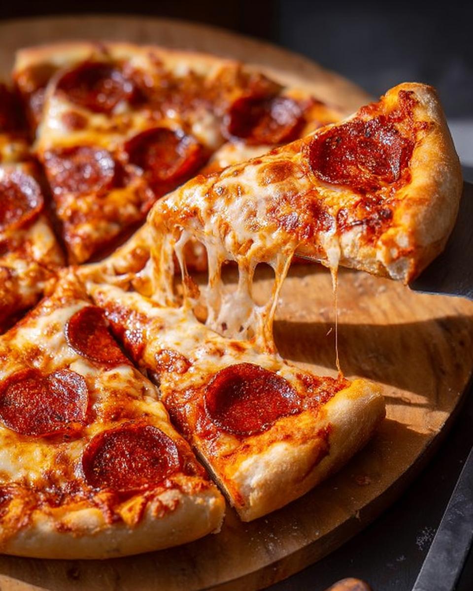 A slice of pepperoni pizza is lifted, showcasing strings of melted cheese, perfect for pizza night.