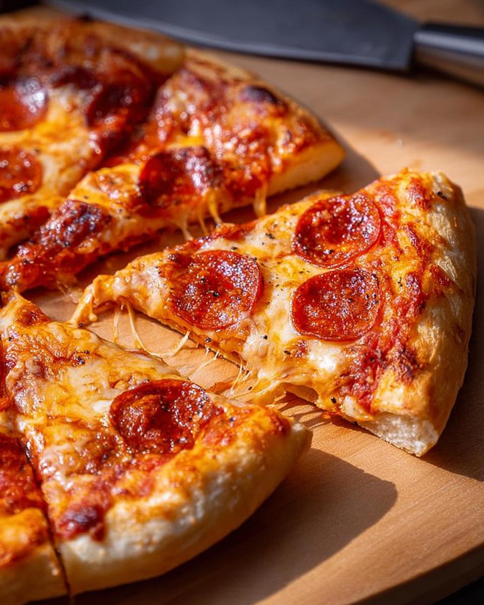 Close-up of delicious pepperoni pizza slices with melted cheese, perfect for busy weeknight pizza night.