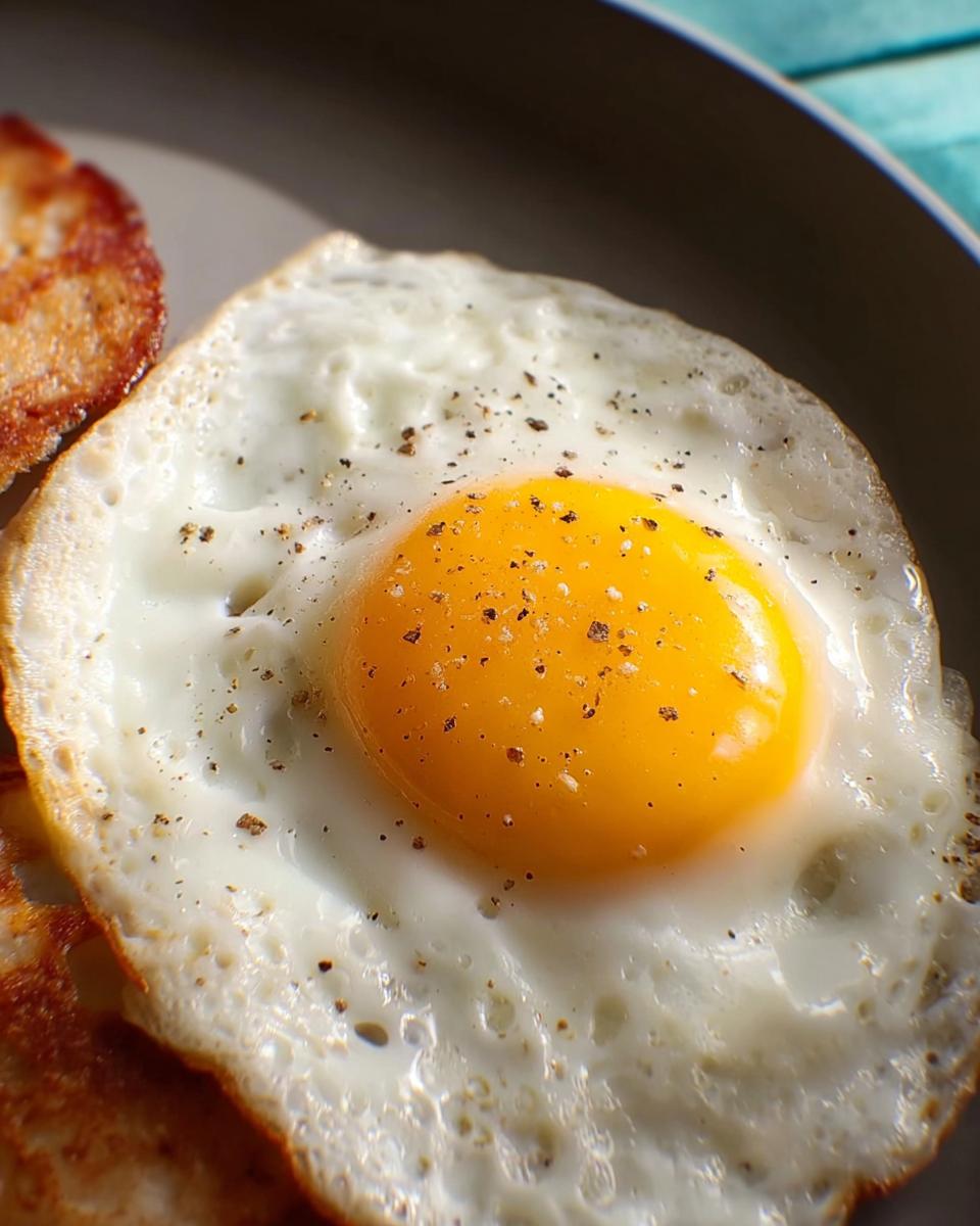 Close-up of a perfectly fried egg with a bright yellow yolk, seasoned with pepper, as part of a craveable egg recipe.