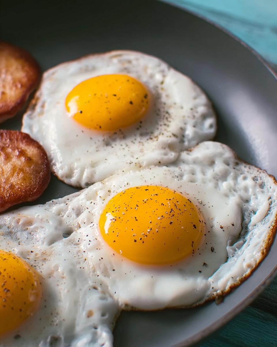 Close-up of perfectly fried eggs with runny yolks, seasoned with pepper, in a pan with sausage.