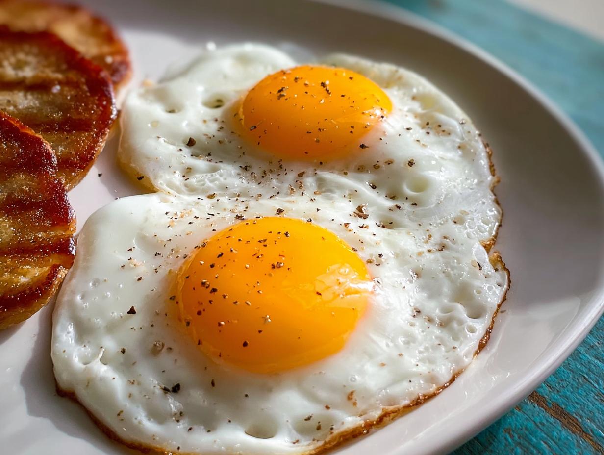 Two perfectly fried eggs with runny yolks, seasoned with black pepper, served with crispy bacon. A classic egg recipe.
