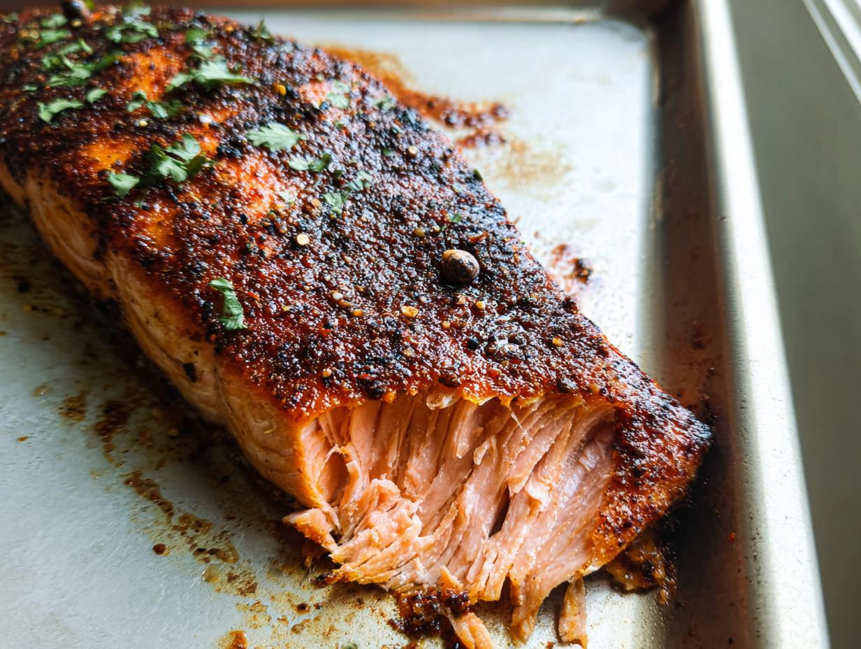 Close-up of a perfectly cooked salmon fillet with a crispy, seasoned crust, ready to be served as part of delicious salmon recipes.