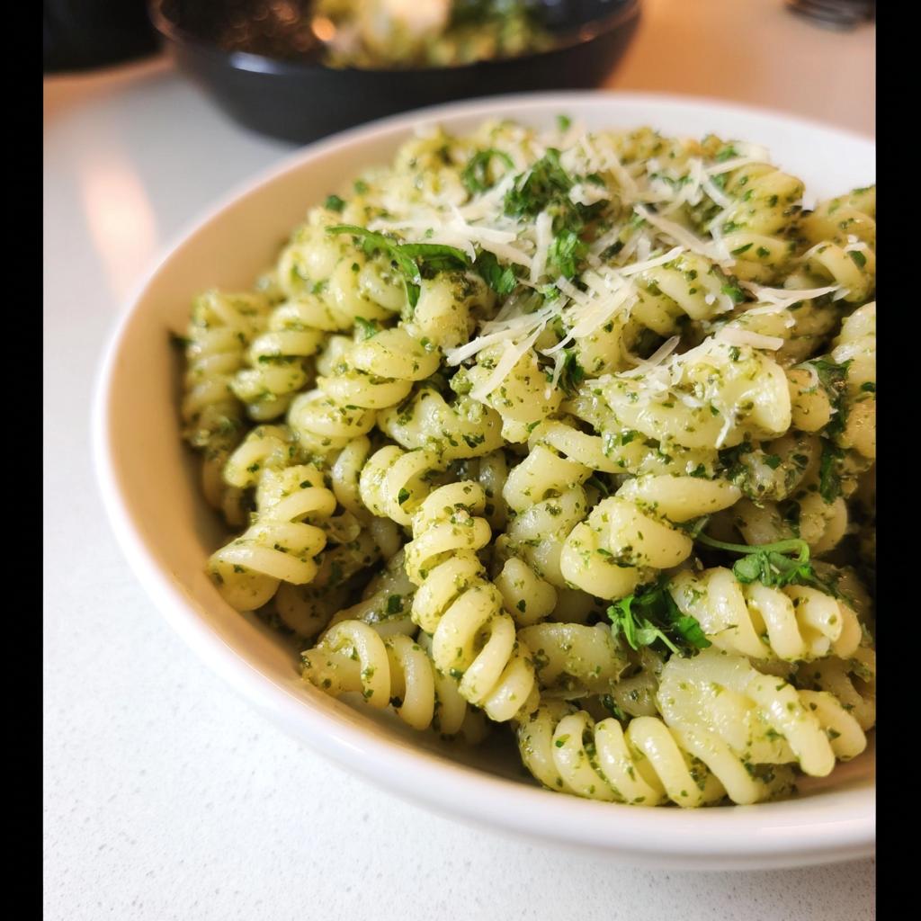 A bowl of fusilli pasta coated in vibrant green pesto sauce, topped with grated parmesan cheese and fresh parsley. Ideal for quick pasta recipes.